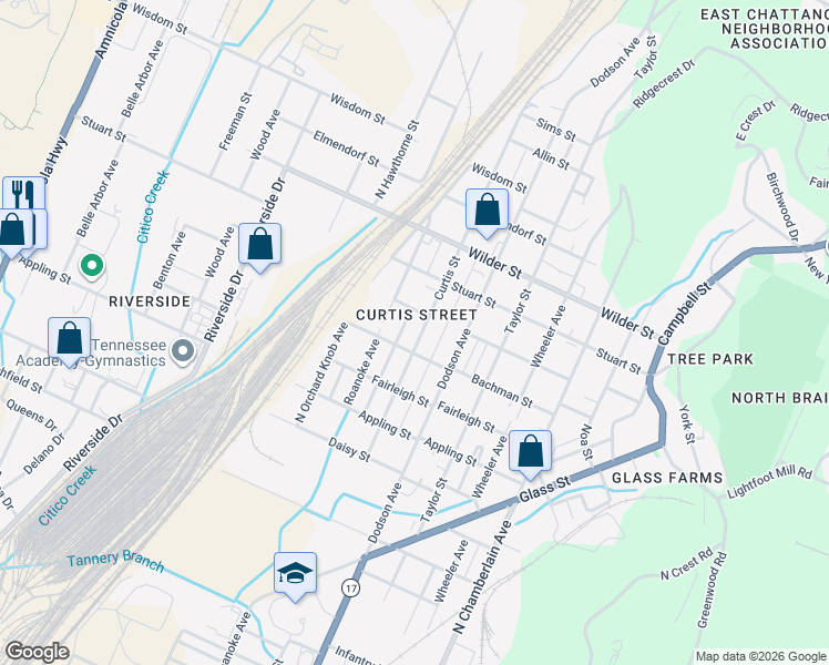 map of restaurants, bars, coffee shops, grocery stores, and more near 2901 Curtis Street in Chattanooga