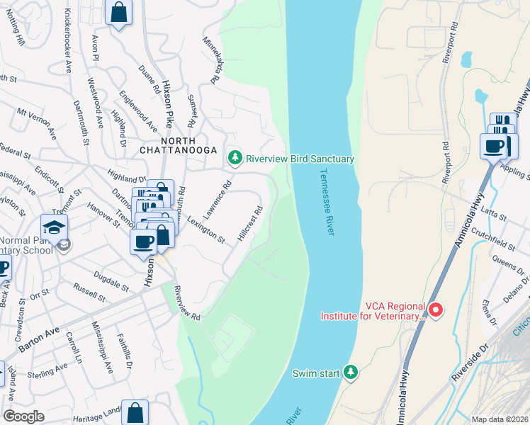 map of restaurants, bars, coffee shops, grocery stores, and more near 1637 Hillcrest Road in Chattanooga
