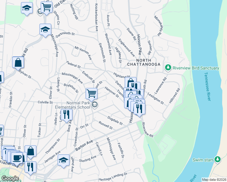 map of restaurants, bars, coffee shops, grocery stores, and more near 1126 Dartmouth Street in Chattanooga