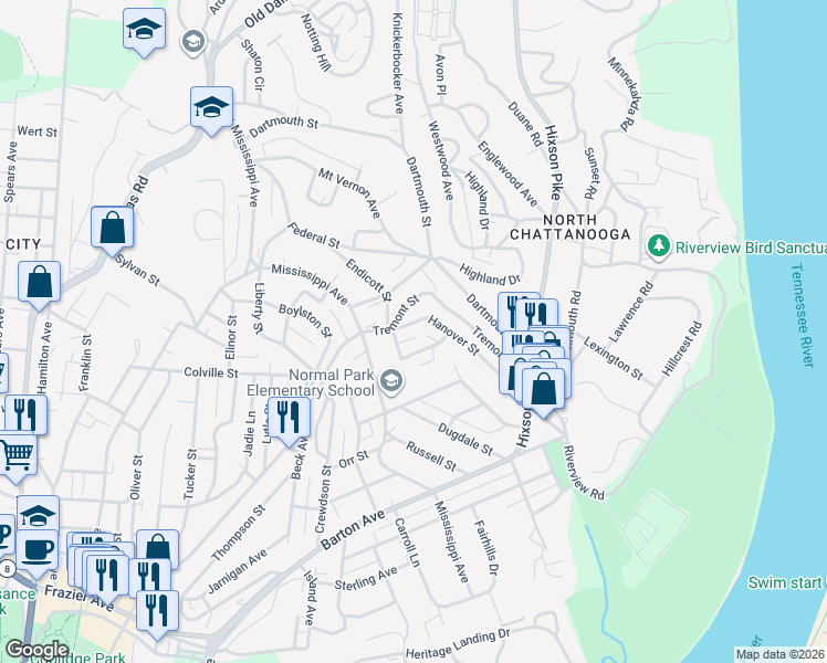 map of restaurants, bars, coffee shops, grocery stores, and more near 1003 Endicott Street in Chattanooga