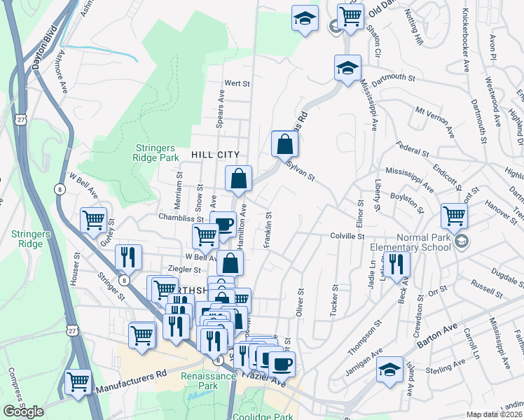 map of restaurants, bars, coffee shops, grocery stores, and more near 805 Franklin Street in Chattanooga