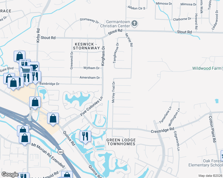 map of restaurants, bars, coffee shops, grocery stores, and more near 2835 McVay Road in Memphis