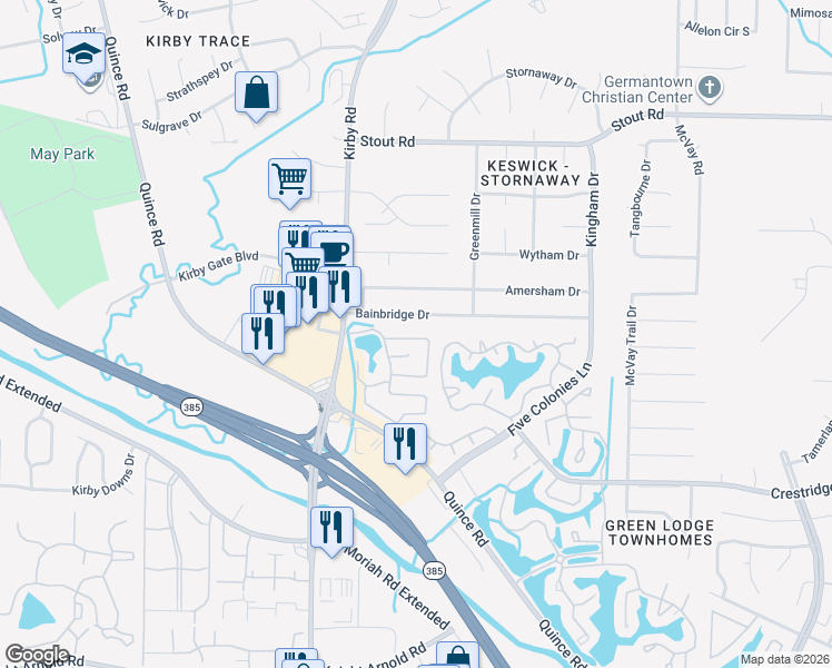 map of restaurants, bars, coffee shops, grocery stores, and more near 6704 Bainbridge Drive in Memphis