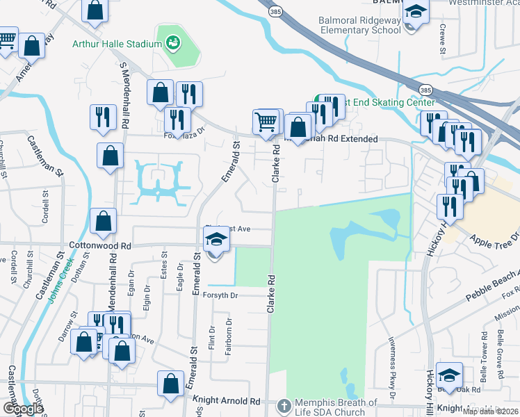 map of restaurants, bars, coffee shops, grocery stores, and more near 5601 Bayshore Drive in Memphis