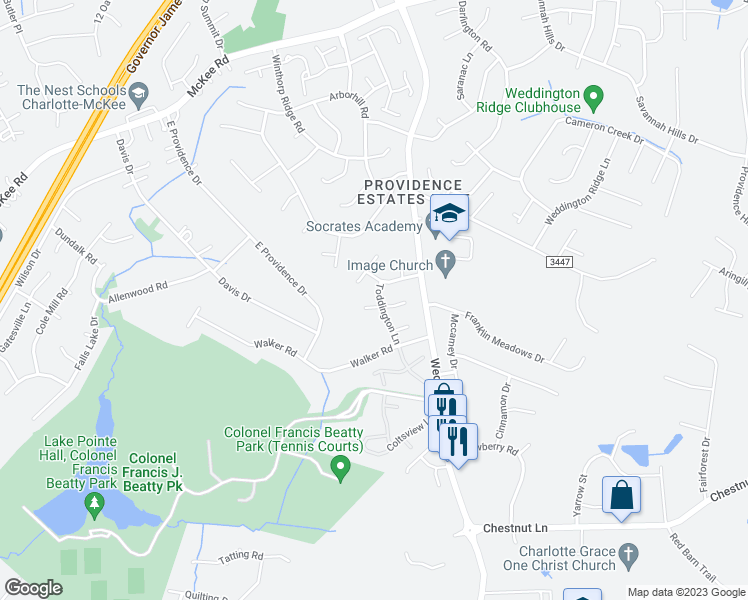 map of restaurants, bars, coffee shops, grocery stores, and more near 4022 Toddington Lane in Charlotte