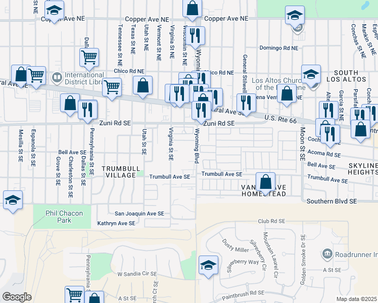 map of restaurants, bars, coffee shops, grocery stores, and more near 301 Wyoming Boulevard Southeast in Albuquerque
