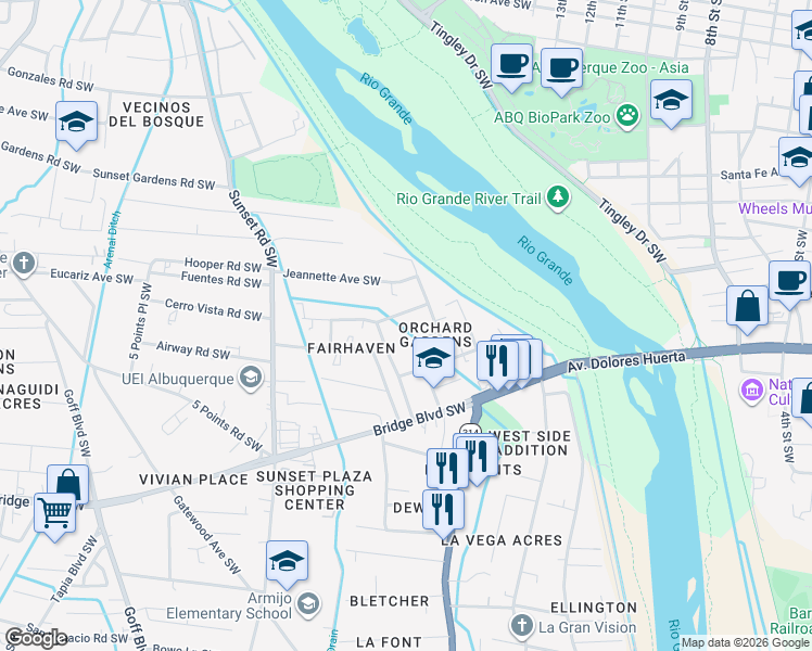 map of restaurants, bars, coffee shops, grocery stores, and more near 1019 Cerro Vista Road Southwest in Albuquerque