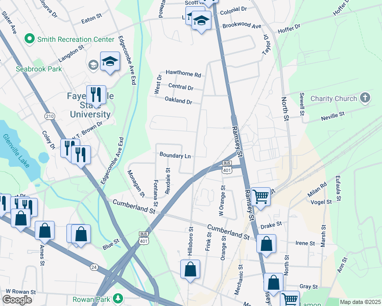 map of restaurants, bars, coffee shops, grocery stores, and more near 900-998 Hillsboro Street in Fayetteville