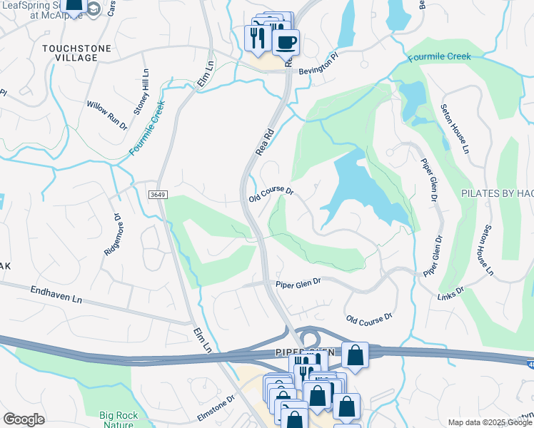 map of restaurants, bars, coffee shops, grocery stores, and more near The Greens Drive in Charlotte