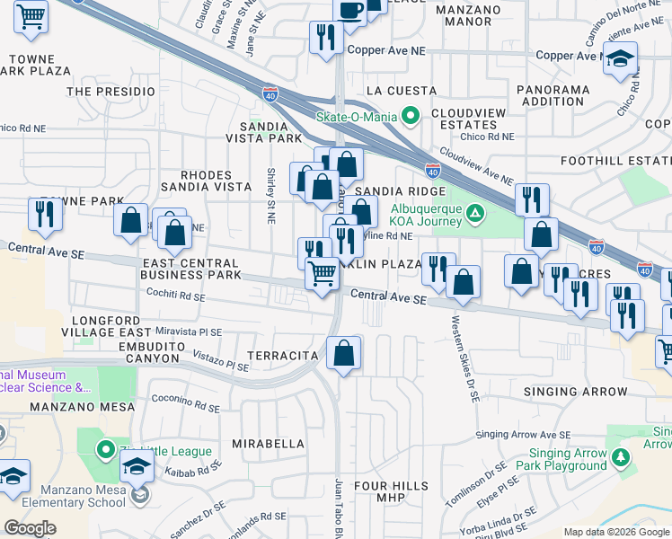 map of restaurants, bars, coffee shops, grocery stores, and more near 156 Juan Tabo Boulevard Northeast in Albuquerque