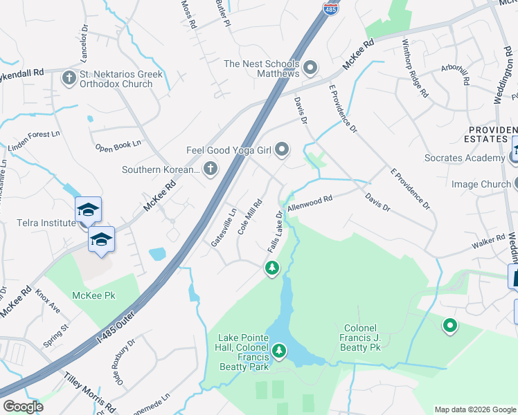 map of restaurants, bars, coffee shops, grocery stores, and more near 6430 Gatesville Lane in Charlotte