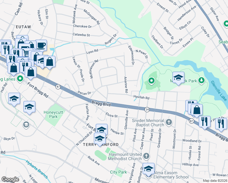 map of restaurants, bars, coffee shops, grocery stores, and more near 812 Mc Pherson Road in Fayetteville