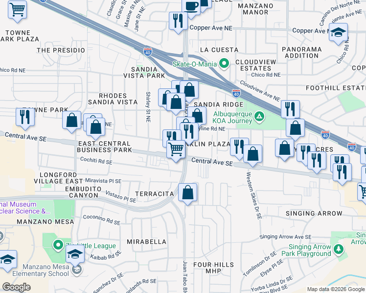 map of restaurants, bars, coffee shops, grocery stores, and more near 156 Juan Tabo Boulevard Northeast in Albuquerque