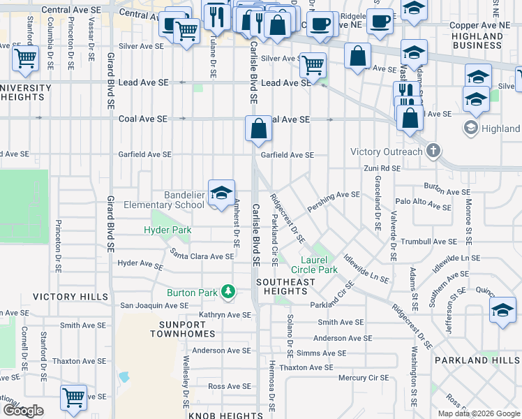 map of restaurants, bars, coffee shops, grocery stores, and more near 605 Ridgecrest Drive Southeast in Albuquerque