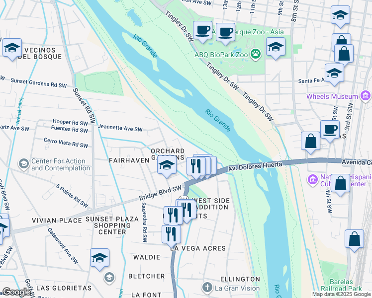 map of restaurants, bars, coffee shops, grocery stores, and more near 310 Lansing Drive Southwest in Albuquerque