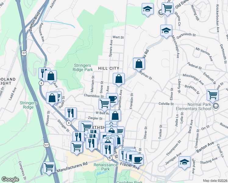 map of restaurants, bars, coffee shops, grocery stores, and more near 718 Spears Avenue in Chattanooga