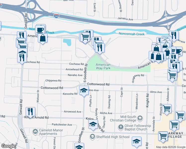 map of restaurants, bars, coffee shops, grocery stores, and more near 2840 South Goodlett Street in Memphis