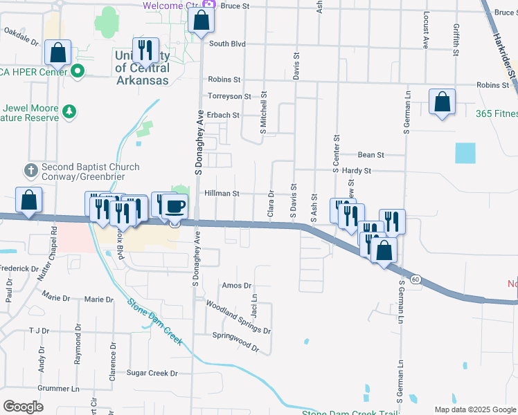 map of restaurants, bars, coffee shops, grocery stores, and more near 702 South Mitchell Street in Conway