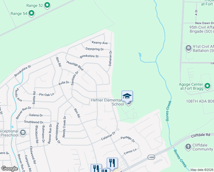 map of restaurants, bars, coffee shops, grocery stores, and more near 733 Sunny Crest Drive in Fayetteville