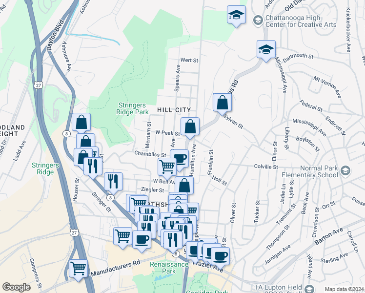 map of restaurants, bars, coffee shops, grocery stores, and more near 718 Spears Avenue in Chattanooga