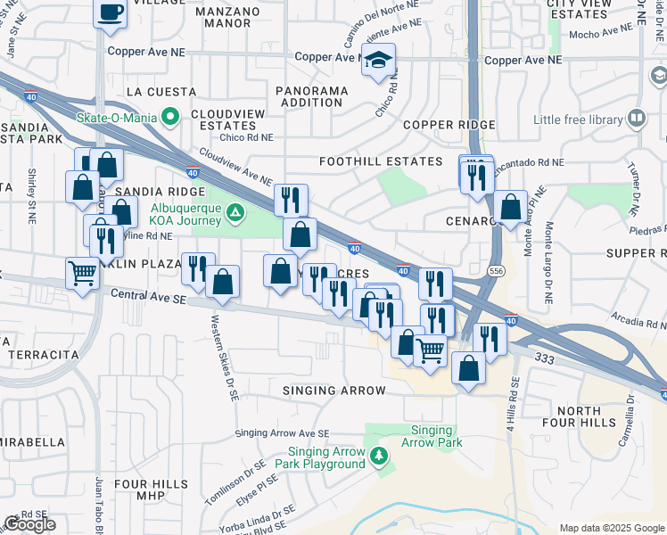 map of restaurants, bars, coffee shops, grocery stores, and more near 12899 Central Avenue Northeast in Albuquerque
