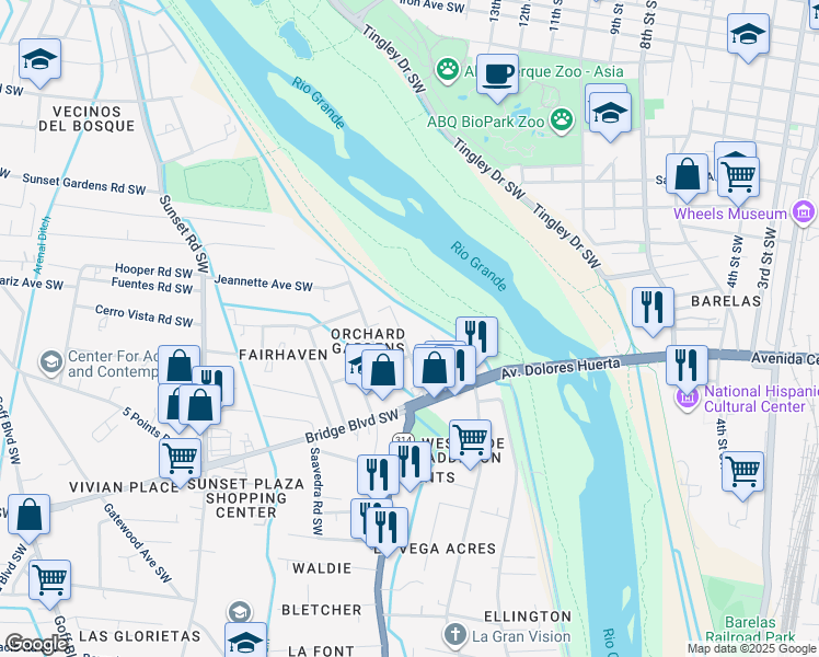 map of restaurants, bars, coffee shops, grocery stores, and more near 310 Lansing Drive Southwest in Albuquerque