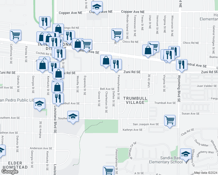 map of restaurants, bars, coffee shops, grocery stores, and more near 348 Charleston Street Southeast in Albuquerque