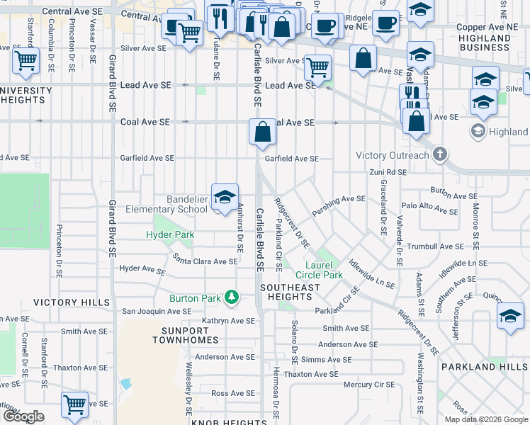 map of restaurants, bars, coffee shops, grocery stores, and more near 605 Ridgecrest Drive Southeast in Albuquerque