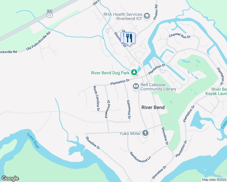 map of restaurants, bars, coffee shops, grocery stores, and more near 104 Knollwood Court in New Bern