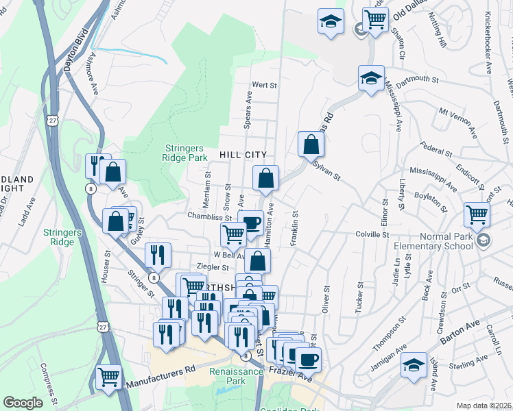 map of restaurants, bars, coffee shops, grocery stores, and more near 718 Spears Avenue in Chattanooga