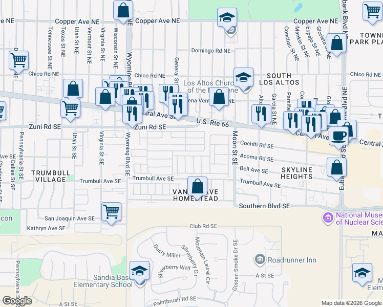 map of restaurants, bars, coffee shops, grocery stores, and more near 9123 Mickelsen Avenue Southeast in Albuquerque