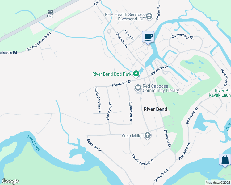 map of restaurants, bars, coffee shops, grocery stores, and more near 104 Knollwood Court in New Bern