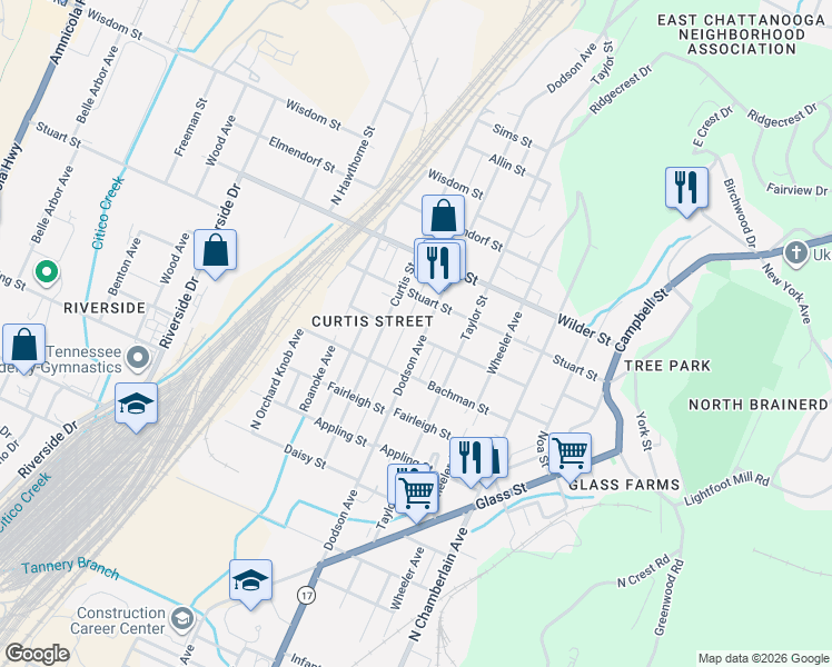 map of restaurants, bars, coffee shops, grocery stores, and more near 2911 Dodson Avenue in Chattanooga