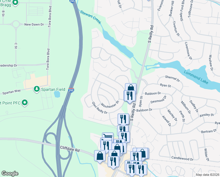map of restaurants, bars, coffee shops, grocery stores, and more near 6851 Winchester Street in Fayetteville