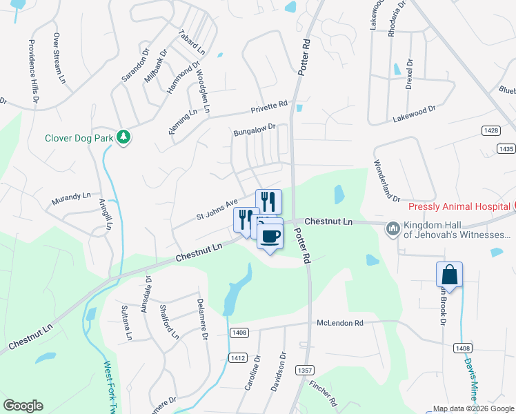 map of restaurants, bars, coffee shops, grocery stores, and more near 1105 Saint Johns Avenue in Matthews