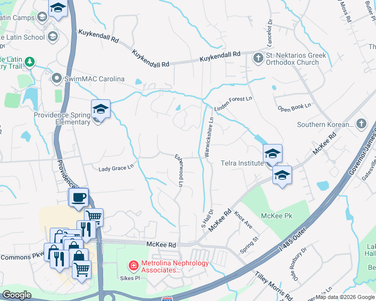 map of restaurants, bars, coffee shops, grocery stores, and more near 10008 Carlesbrooke Trail in Charlotte