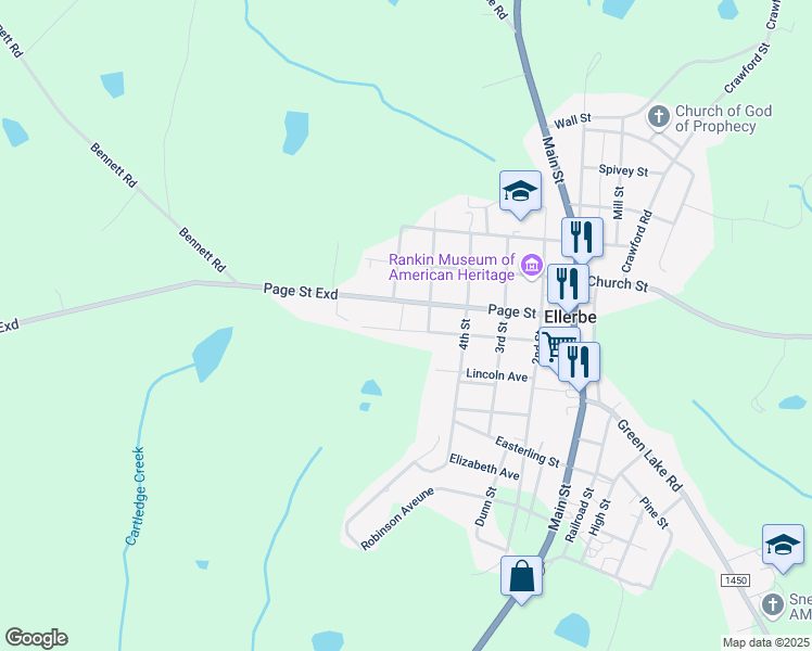 map of restaurants, bars, coffee shops, grocery stores, and more near 186 Sunset Avenue in Ellerbe