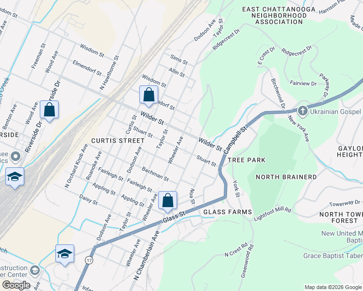 map of restaurants, bars, coffee shops, grocery stores, and more near 2412 Wilder Street in Chattanooga