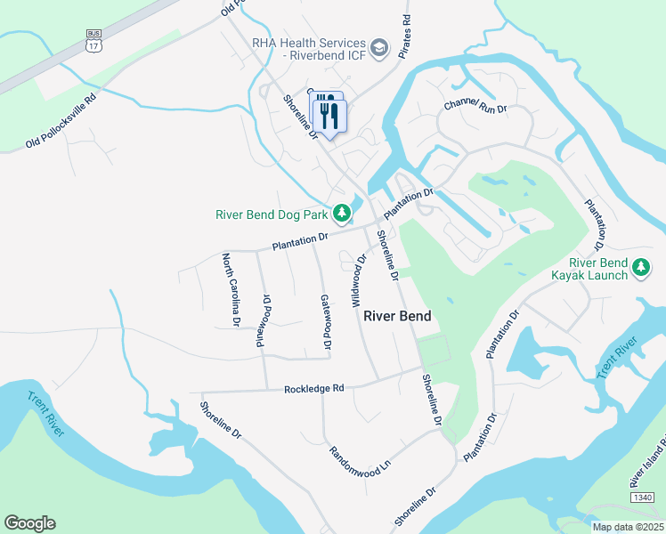 map of restaurants, bars, coffee shops, grocery stores, and more near 115 Wildwood Drive in New Bern