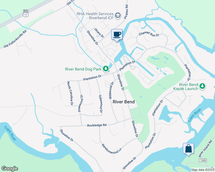 map of restaurants, bars, coffee shops, grocery stores, and more near 115 Wildwood Drive in New Bern
