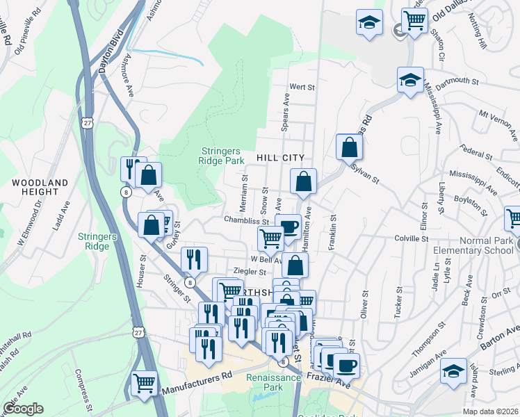 map of restaurants, bars, coffee shops, grocery stores, and more near 709 Snow Street in Chattanooga