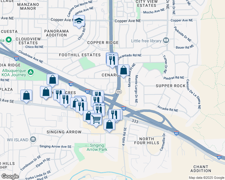 map of restaurants, bars, coffee shops, grocery stores, and more near 13452 Panorama Loop Northeast in Albuquerque