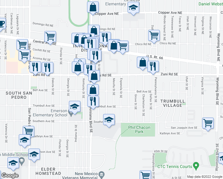 map of restaurants, bars, coffee shops, grocery stores, and more near 428 Chama Street Southeast in Albuquerque