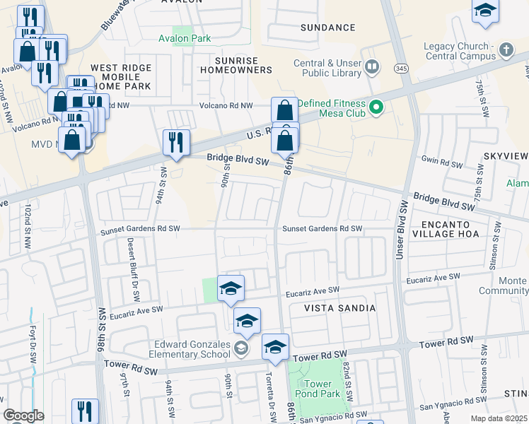 map of restaurants, bars, coffee shops, grocery stores, and more near 300 Cll Amarillo Southwest in Albuquerque