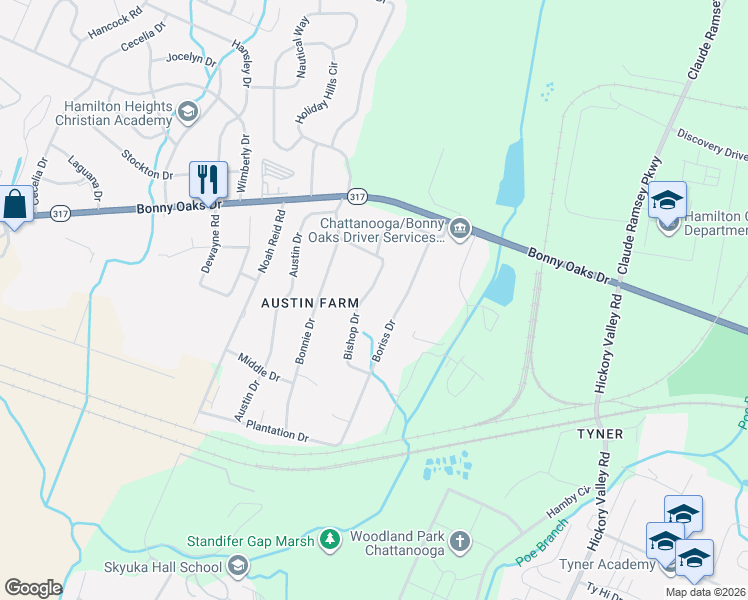 map of restaurants, bars, coffee shops, grocery stores, and more near 7624 Bishop Drive in Chattanooga
