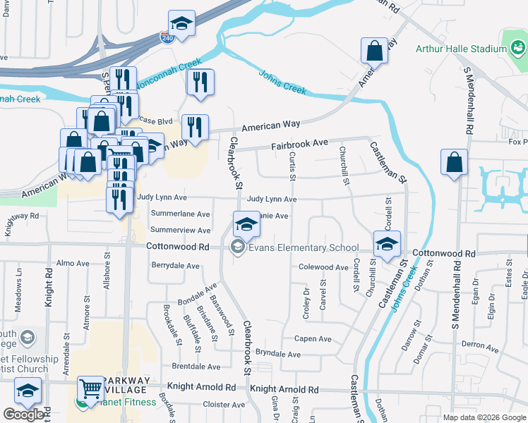 map of restaurants, bars, coffee shops, grocery stores, and more near 4961 Judy Lynn Avenue in Memphis