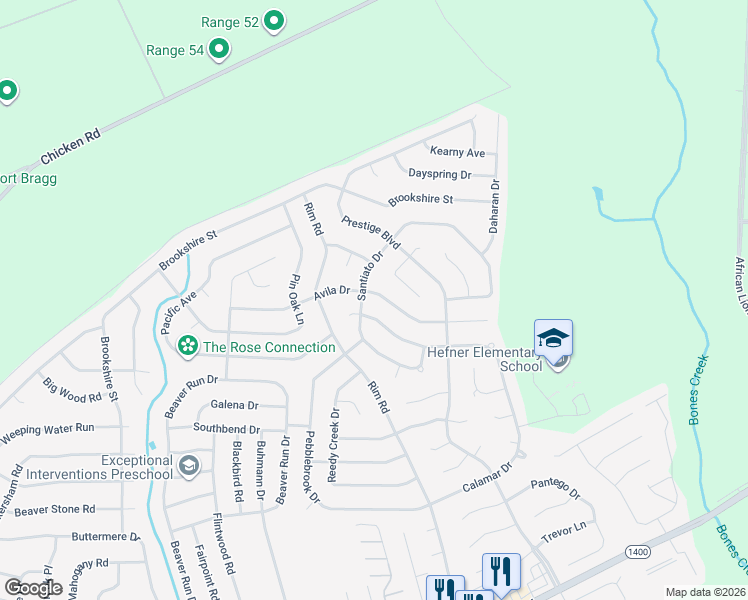 map of restaurants, bars, coffee shops, grocery stores, and more near 7244 Avila Drive in Fayetteville