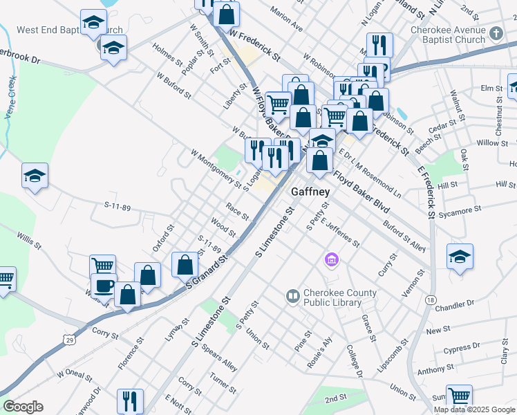 map of restaurants, bars, coffee shops, grocery stores, and more near 306 South Granard Street in Gaffney