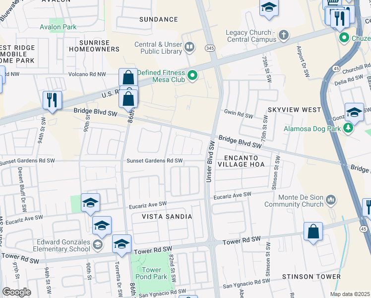 map of restaurants, bars, coffee shops, grocery stores, and more near 8012 Scottish Broom Road Southwest in Albuquerque
