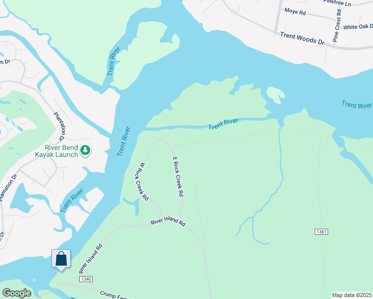 map of restaurants, bars, coffee shops, grocery stores, and more near 140 Rock Creek Drive in New Bern